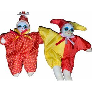 Vintage Lot Of 2 Court Jester Ornamental Hard Face with Ornate Fabric Headress